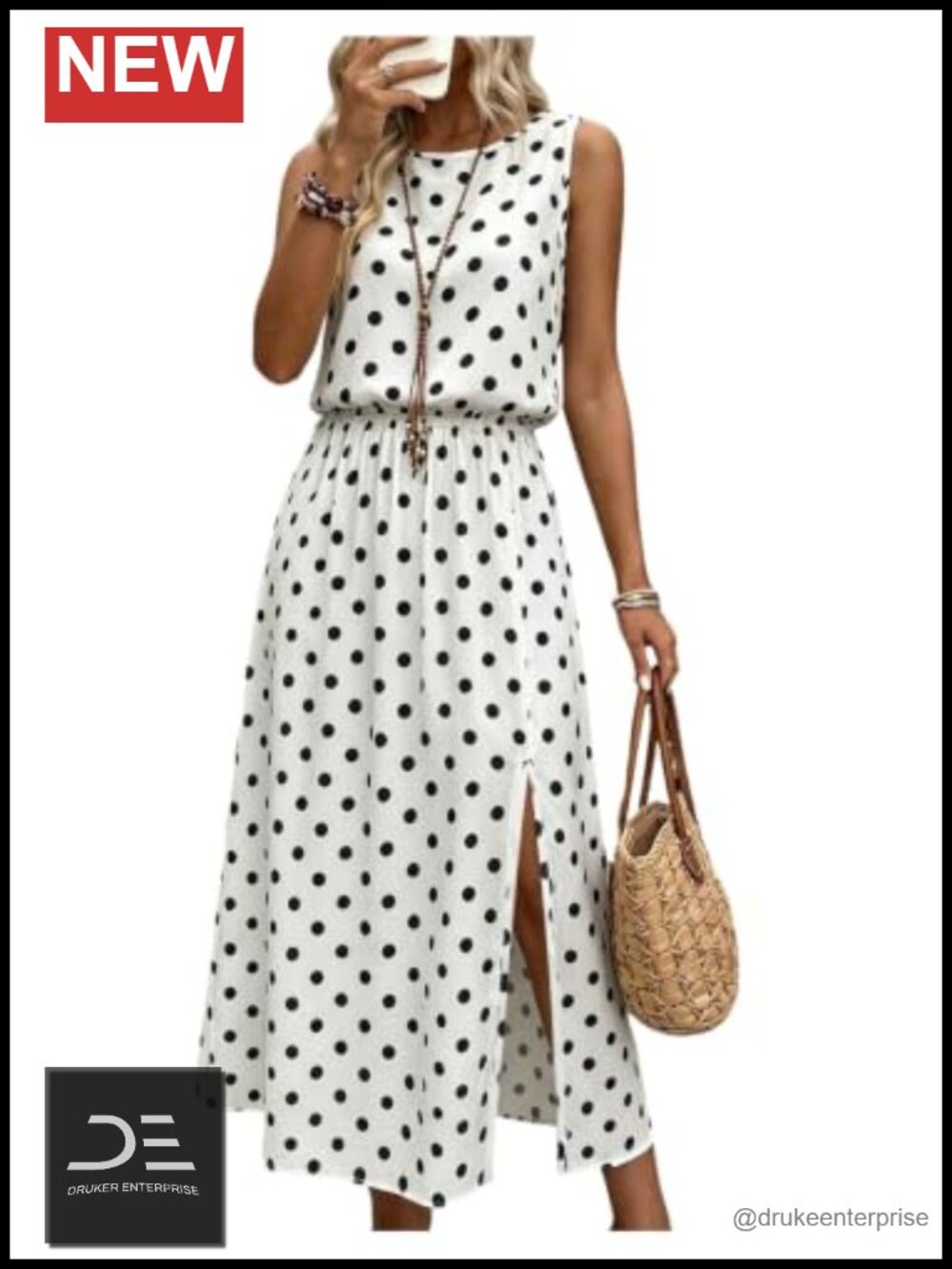 Polka Dots Maxi Dress Sleeveless Cinched Waist Split Casual Summer